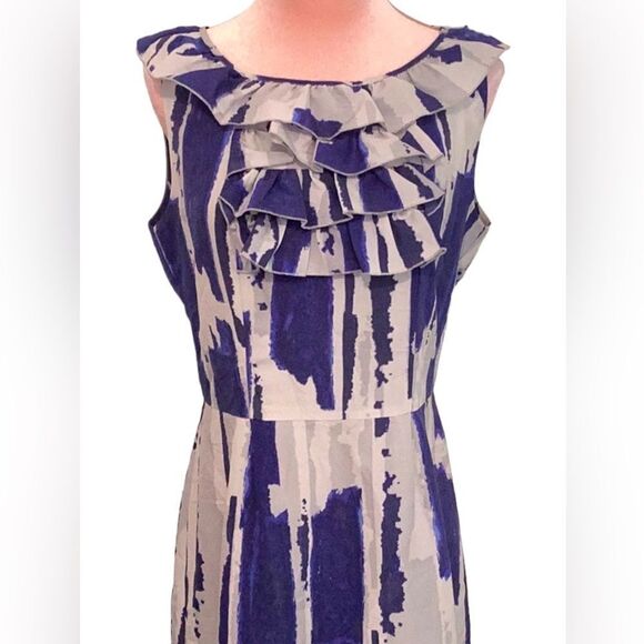 BANANA REPUBLIC WOMENS SLEEVELESS DRESS SIZE 6 RUFFLE DETAIL BLUE WHITE GRAY - Picture 2 of 8
